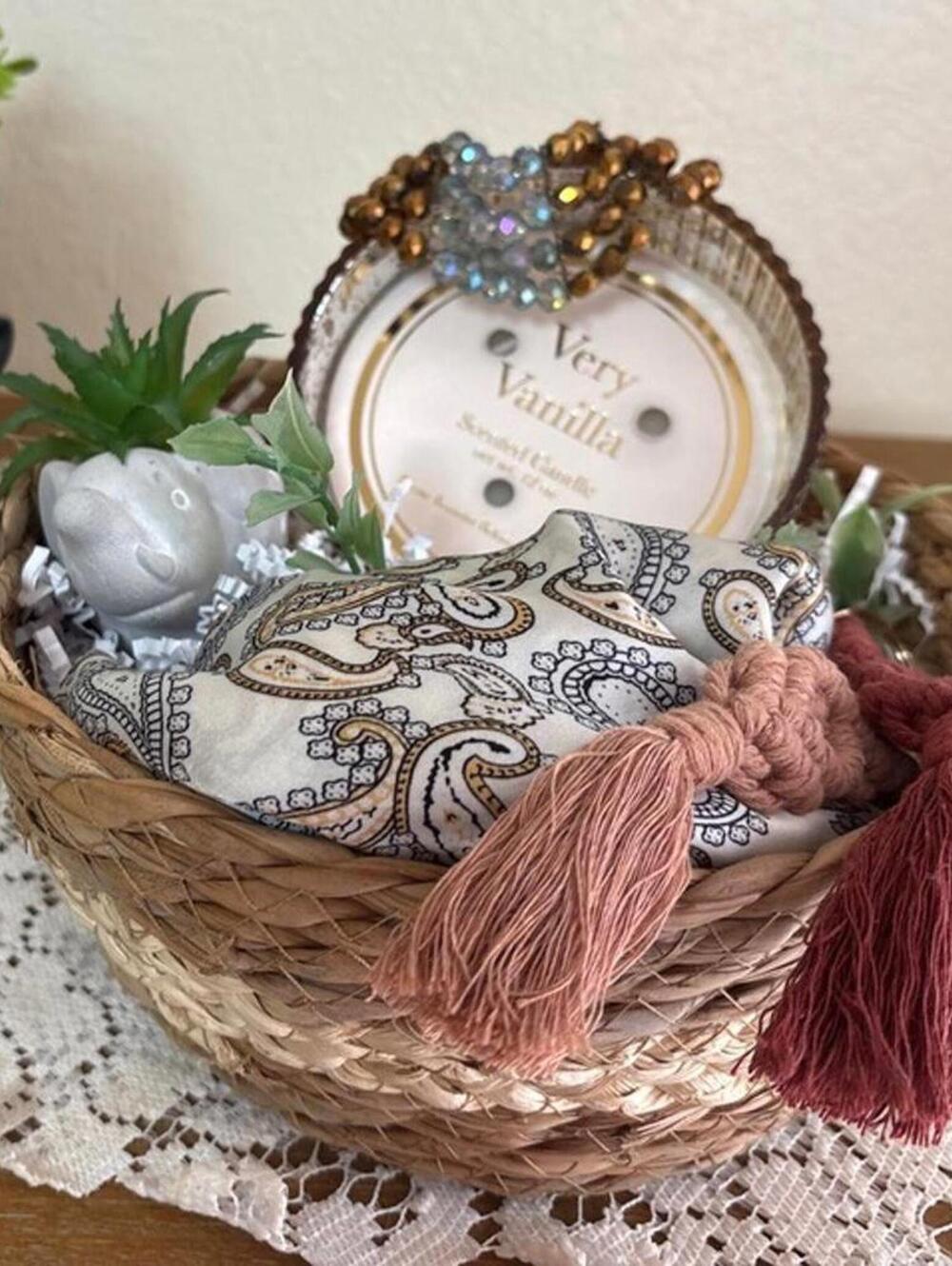 Curated Boho Gift Basket Set NWT Pig Planter Scarf Jewelry Candle Macrame